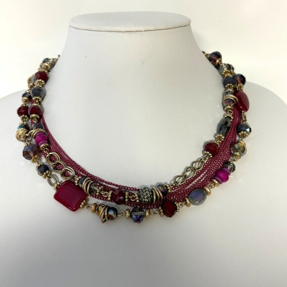 Premier Designs Multi-Strand Beaded Necklace Burgundy Purple Gold Tone Beads - Picture 3 of 6